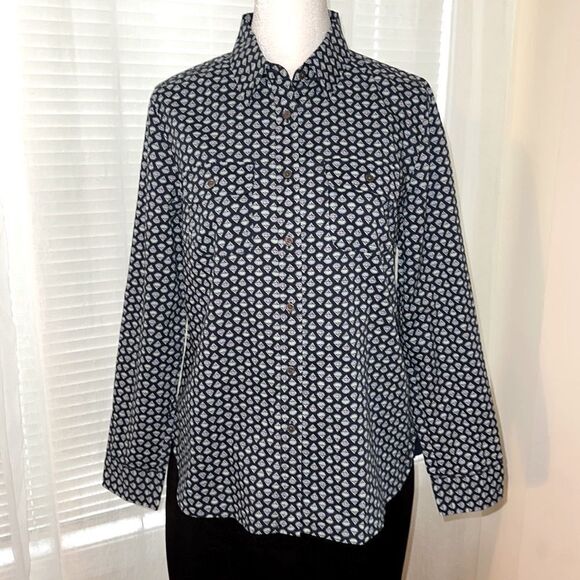 Talbots 8P Navy Multicolored Floral Long Sleeve 💯 Cotton Button Down Shirt - Picture 1 of 12